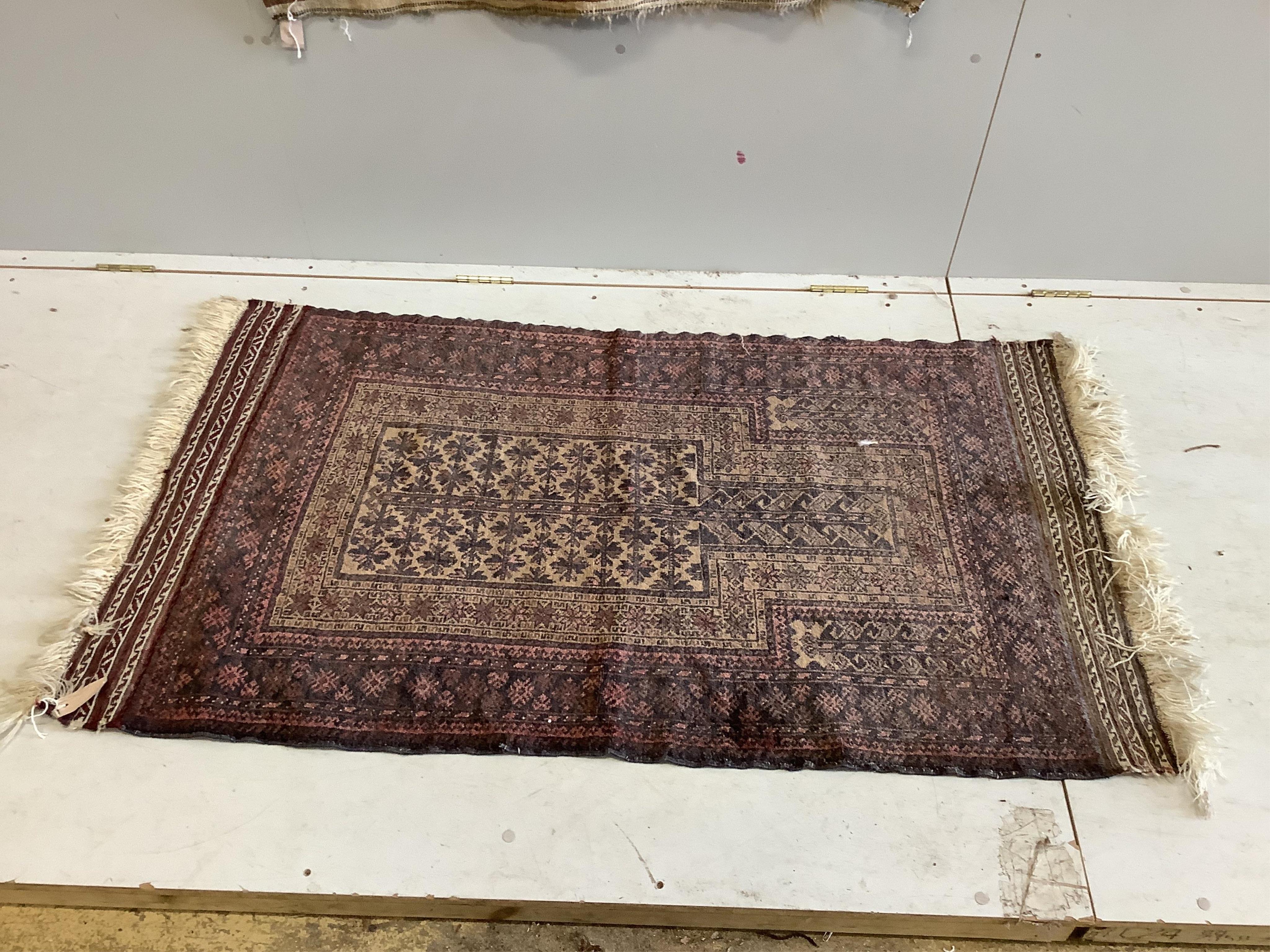 A Kilim flat weave rug together with a Belouch prayer rug, larger 180 x 147cm. Condition - fair